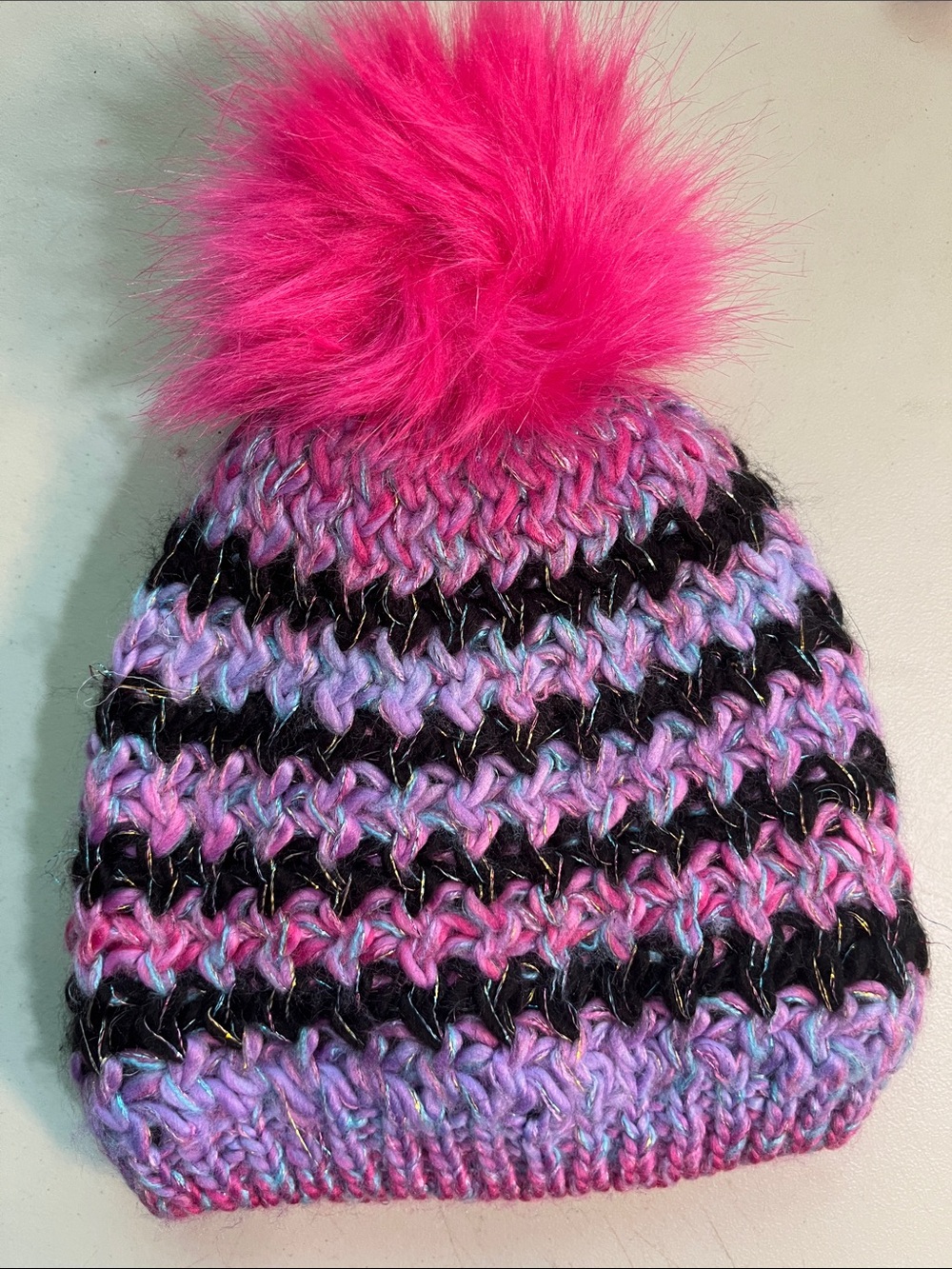 Place Kids Pom Pom Hat - Hot Pink, Lavender & Black Stripes